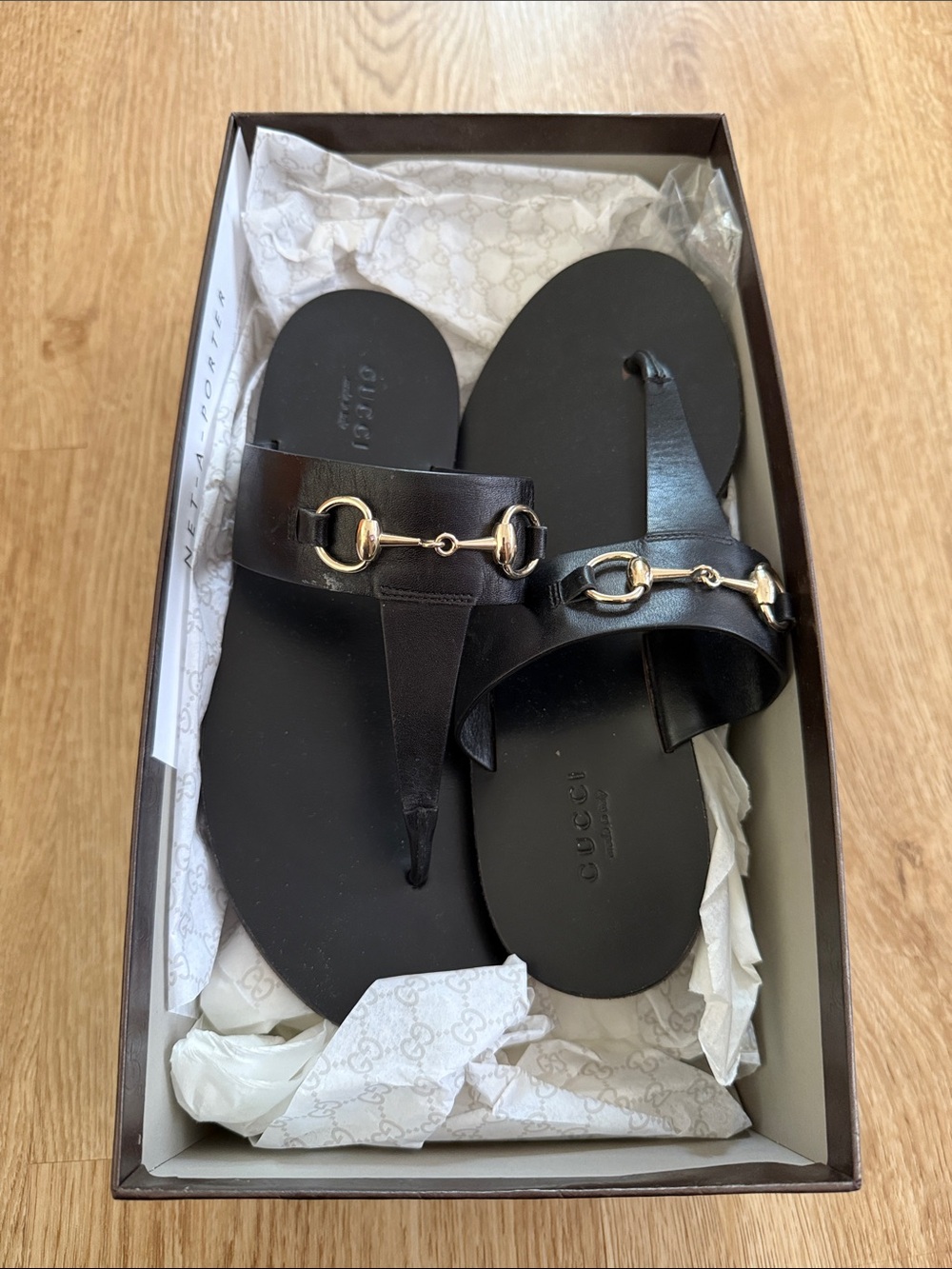 Gucci Black Leather Sandals with Gold Horsebit Detail